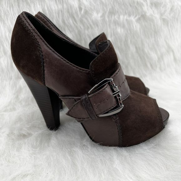 Kurt Geiger Sz 36 US 5.5 Brown Leather Suede Peep Toe 4.5” Stacked Heel Pump - Picture 4 of 16